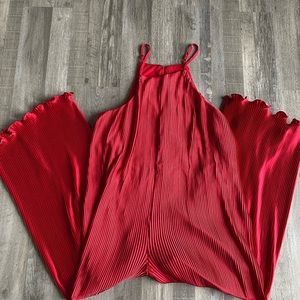 Long ruffled/pleated red jumpsuit